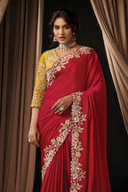 Red Satin Embroidery Saree for Wedding Guest - Thread Sequins Work - close-up view