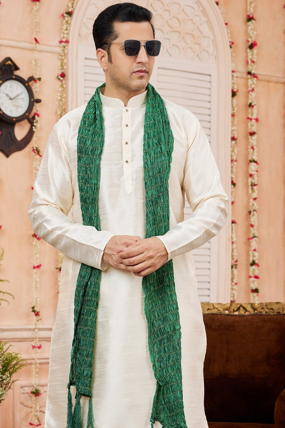 Cream Art Silk Plain Kurta Pajama with Stole Scarf for Men for Festivals & Wedding - close-up view