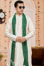 Cream Art Silk Plain Kurta Pajama with Stole Scarf for Men for Festivals & Wedding - close-up view