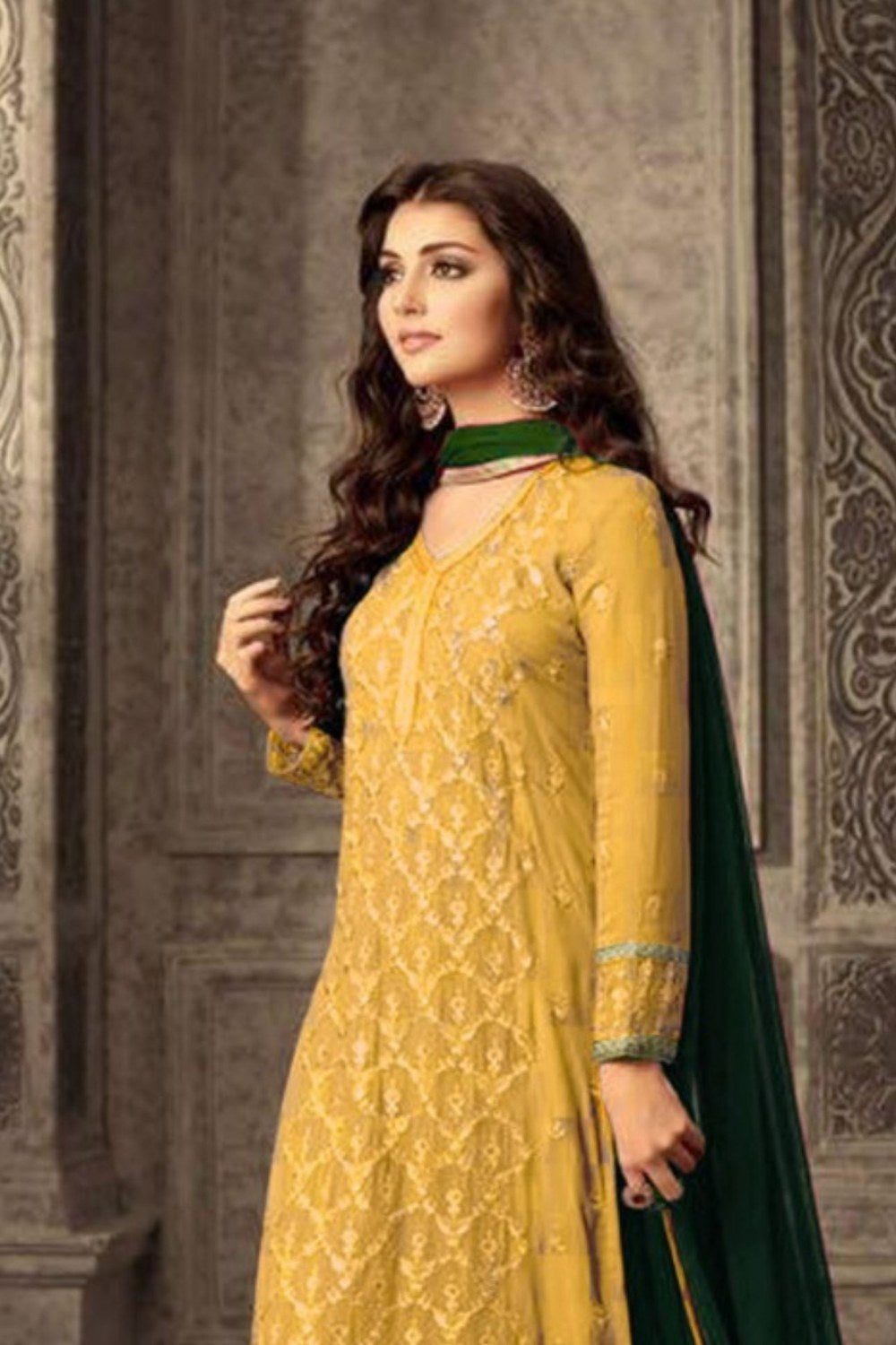 Yellow Georgette Plazo Suit For Ladies Wedding & Festival - Embroidery Work 1250 - close-up view