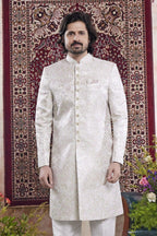 Light Cream Jacquard Mens Indian Wedding Attire Indo Western - close-up view
