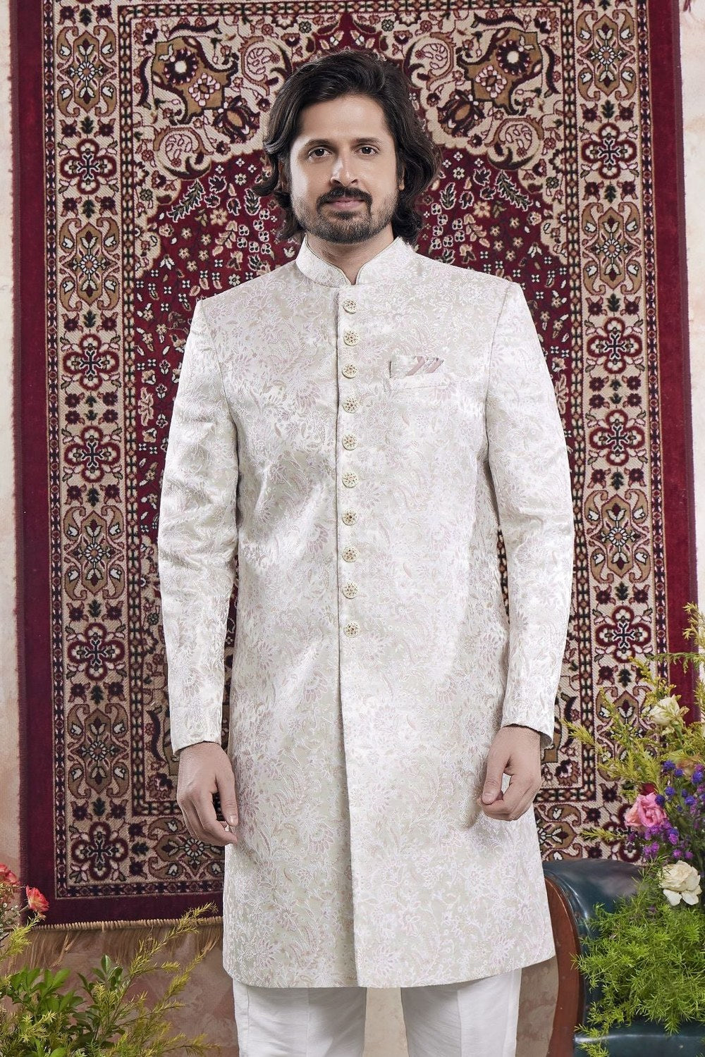 Light Cream Jacquard Mens Indian Wedding Attire Indo Western - close-up view