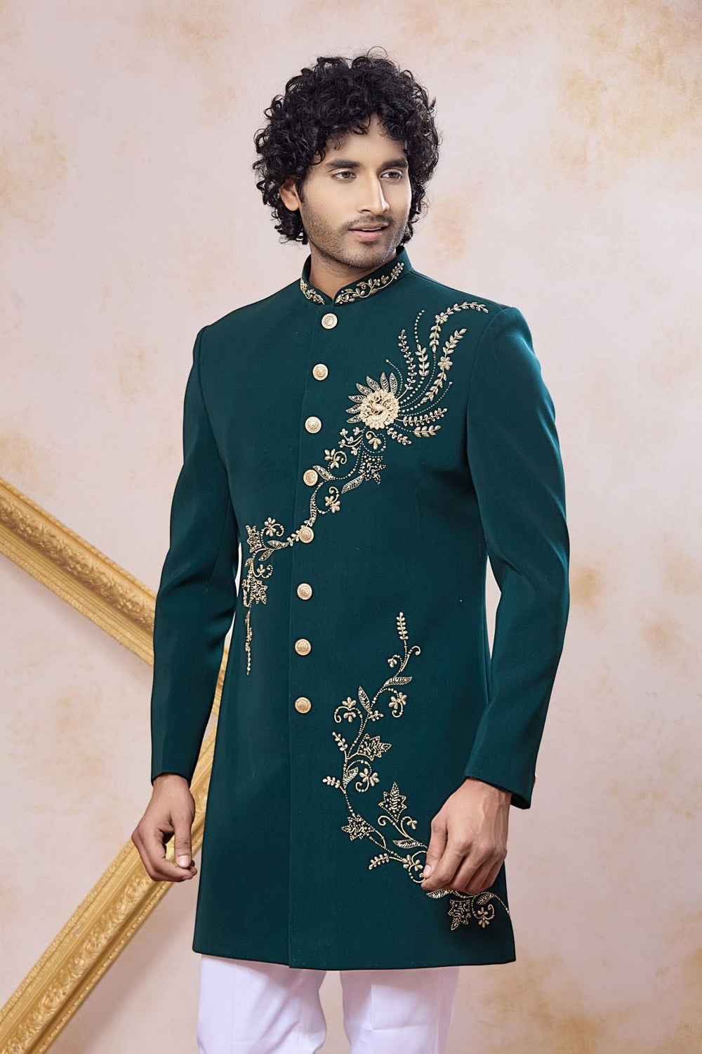 Dark Teal Indo Western Clothes for Men with Zardosi & Bead Handwork - close-up view