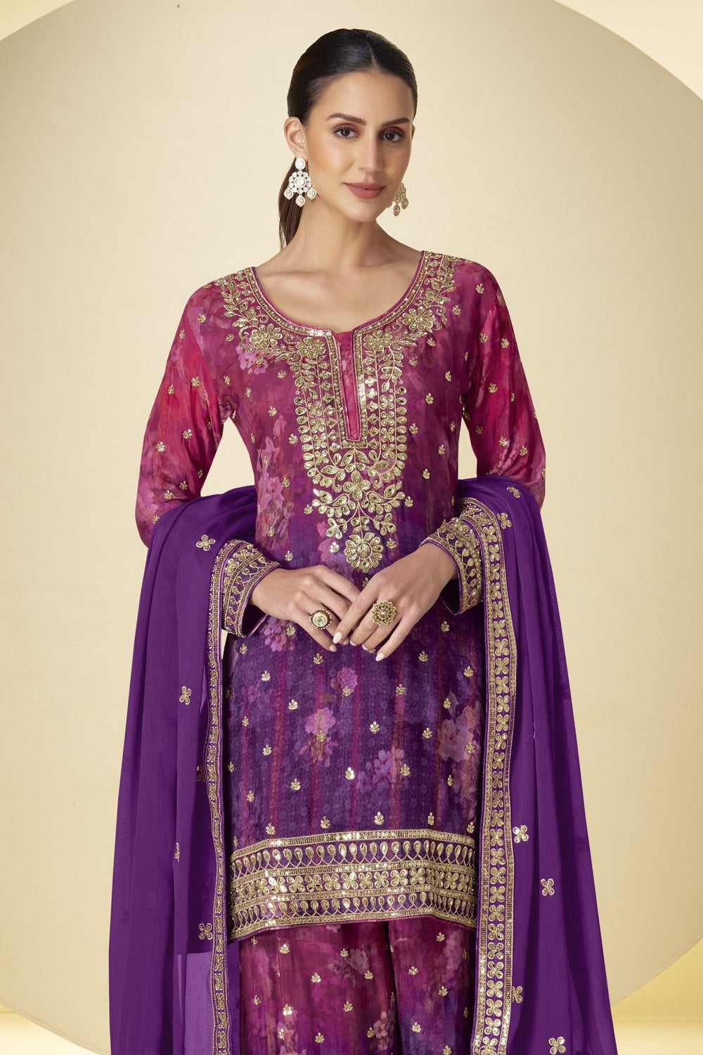 Purple Chinon Silk Dual Color Plazo Suit For Indian & Pakistani Wedding - Thread & Sequence Embroidery Work, Print Work - close-up view