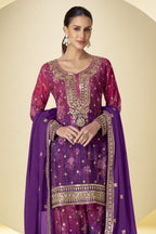Purple Chinon Silk Dual Color Plazo Suit For Indian & Pakistani Wedding - Thread & Sequence Embroidery Work, Print Work - close-up view