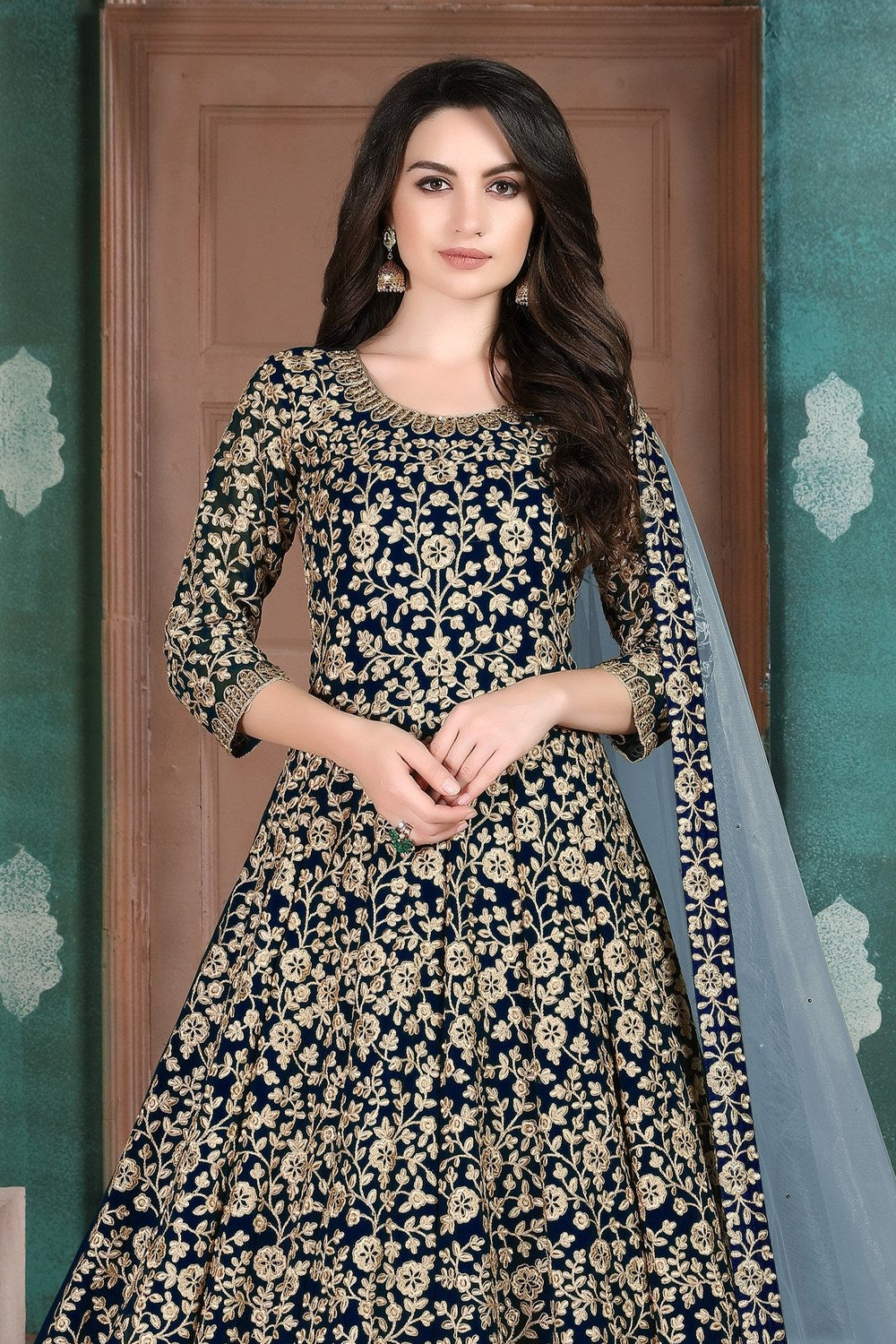 Black Georgette Anarkali Dresses for an Indian Wedding Guest with Thread Work - close-up view