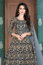 Black Georgette Anarkali Dresses for an Indian Wedding Guest with Thread Work - close-up view