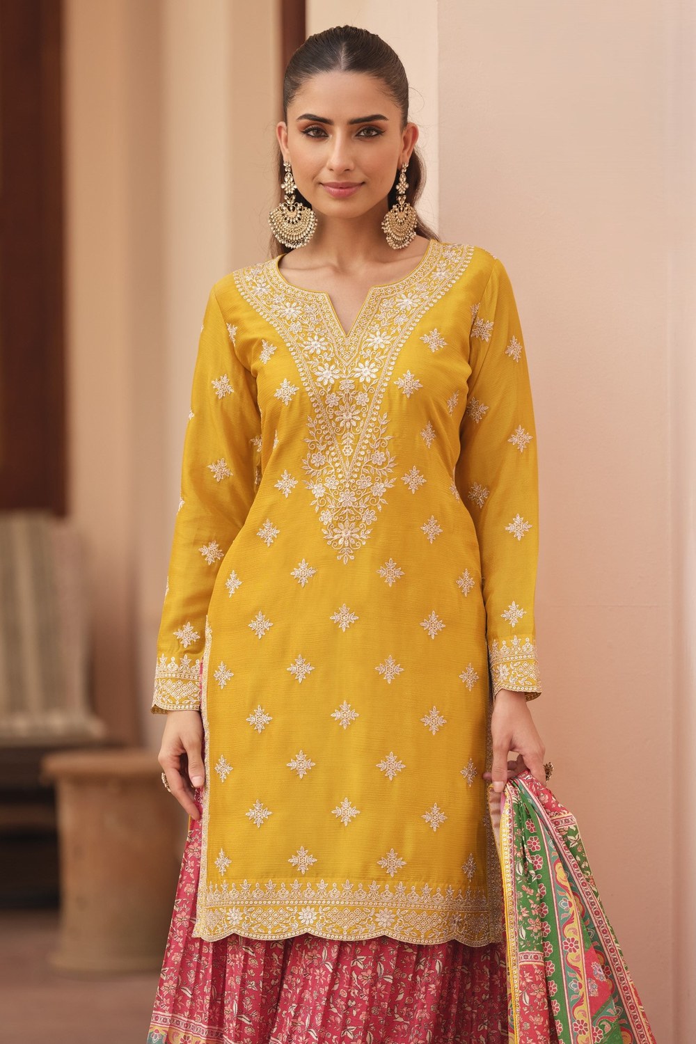 Yellow Chinon Silk Indian Palazo Clothes for Haldi Ceremony - Print & Embroidery - close-up view