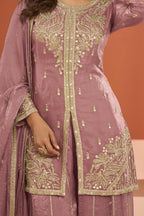 Pink Fandy Silk Plazo Suit For Indian & Pakistani Wedding Festival - Thread Embroidery Work - hem and footwear detail