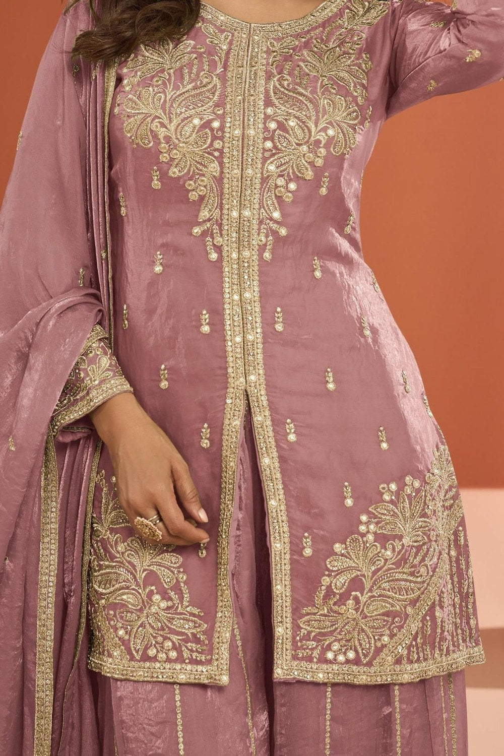 Pink Fandy Silk Plazo Suit For Indian & Pakistani Wedding Festival - Thread Embroidery Work - hem and footwear detail