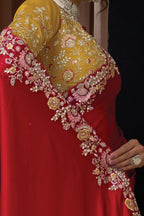 Red Satin Embroidery Saree for Wedding Guest - Thread Sequins Work - hem and footwear detail