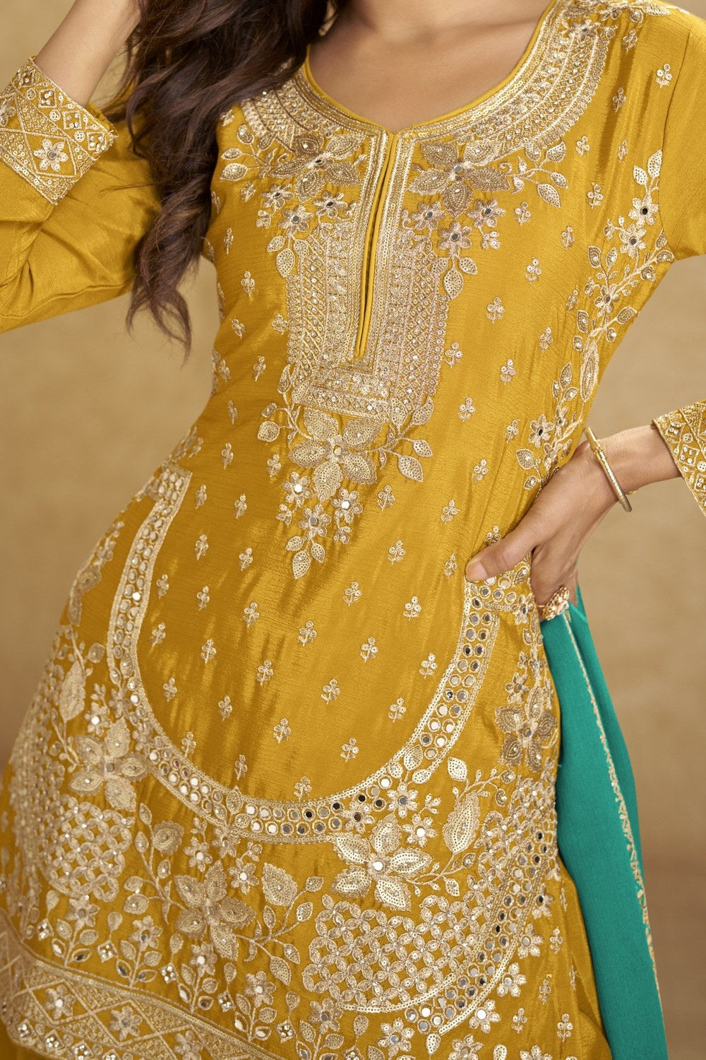 Yellow Chinon Silk Plazo Suit For Indian & Pakistani Wedding Festival - Thread Embroidery Work - hem and footwear detail
