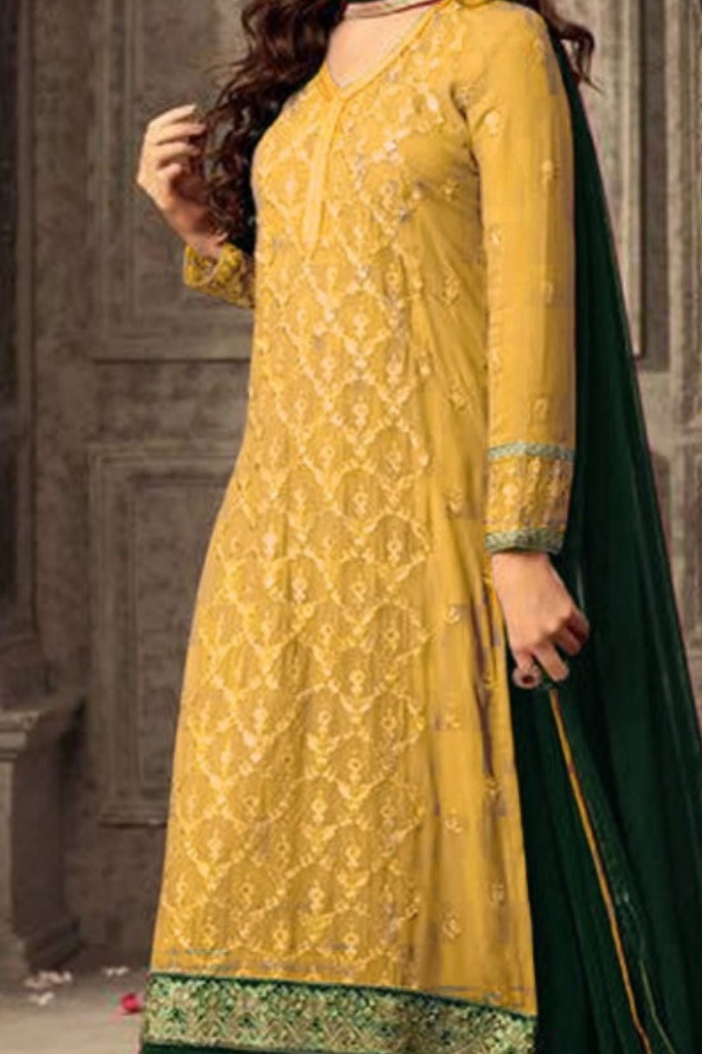 Yellow Georgette Plazo Suit For Ladies Wedding & Festival - Embroidery Work 1250 - detail view