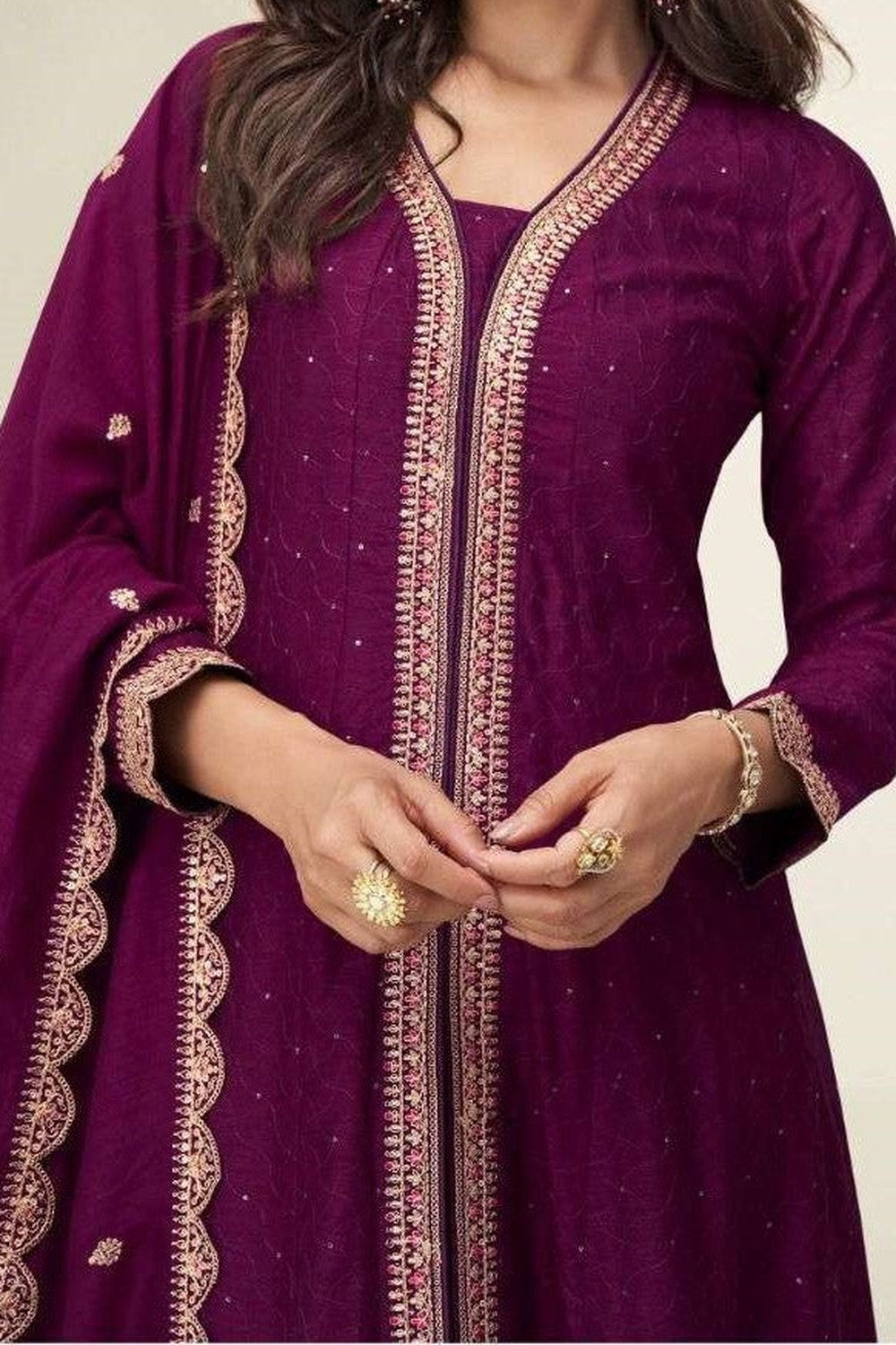 Plum Chinon Silk Thread & Sequin Work Designer Anarkali Suits - hem and footwear detail