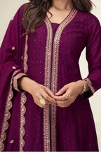 Plum Chinon Silk Thread & Sequin Work Designer Anarkali Suits - hem and footwear detail
