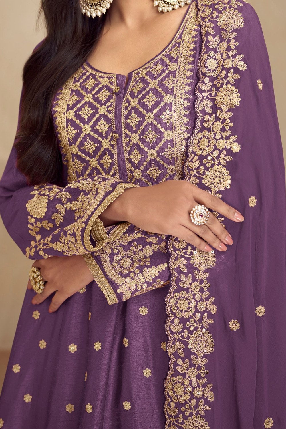 Purple Chinon Silk Plazo Suit For Indian Weddings & Pakitani Festival - Embroidery Work - hem and footwear detail