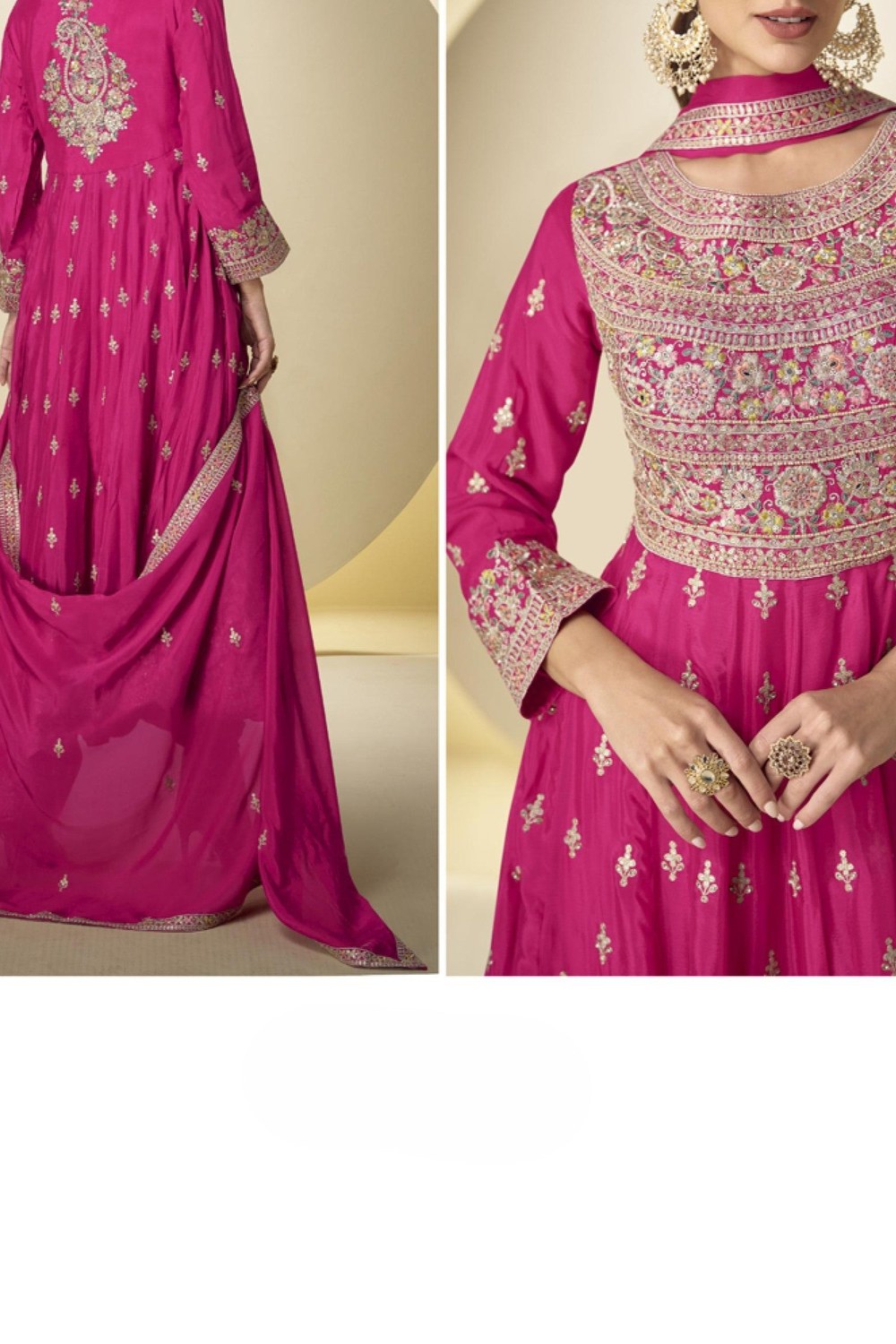 Pink Chinon Silk Kameez With Pant For Indian & Pakistani Wedding Festival - Sequins & Thread Embroidery Work - hem and footwear detail