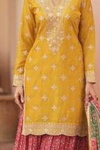 Yellow Chinon Silk Indian Palazo Clothes for Haldi Ceremony - Print & Embroidery - hem and footwear detail
