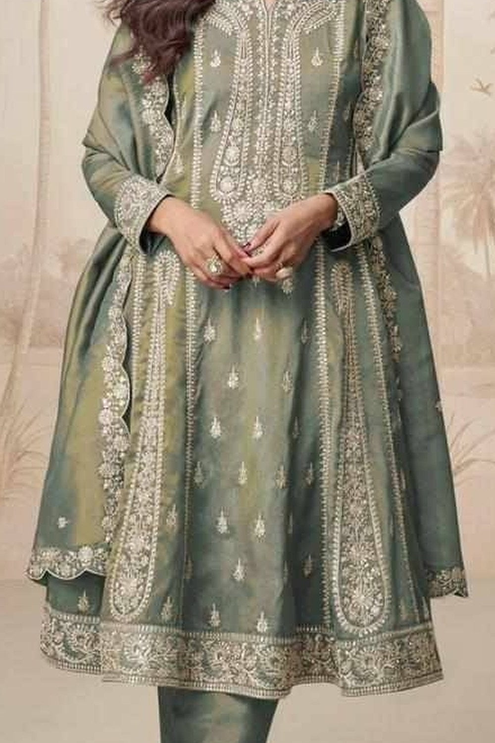 Olive Green Simmer Silk Kameez With Pant For Indian & Pakistani Wedding Festival - Embroidery Work - detail view