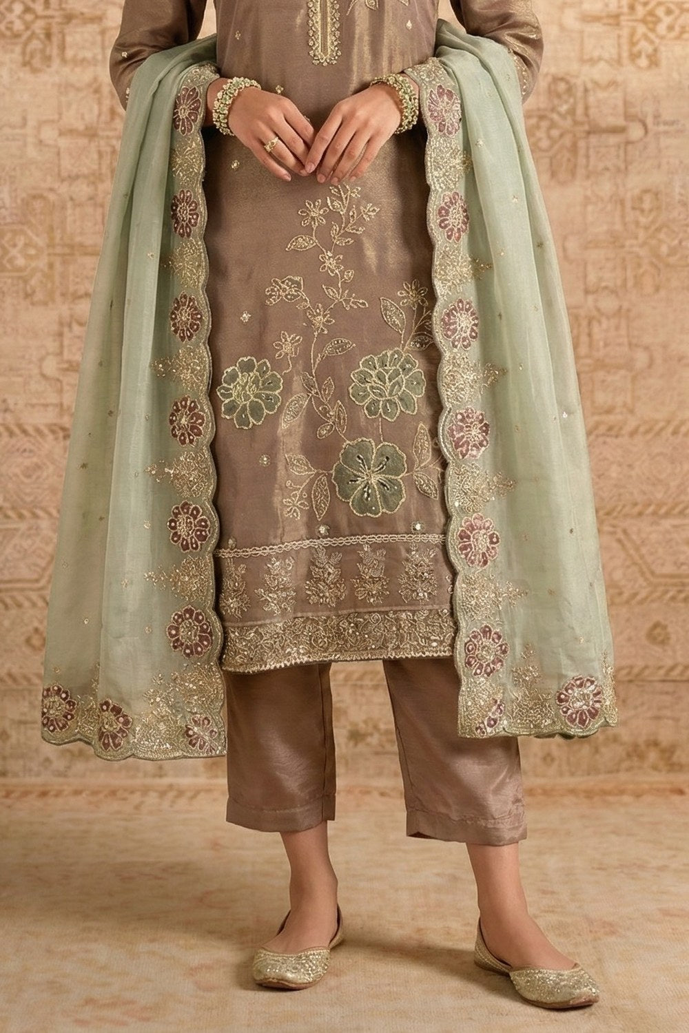 Coffee Shimmer Silk Female Kameez with Pant - Embroidery Work - hem and footwear detail