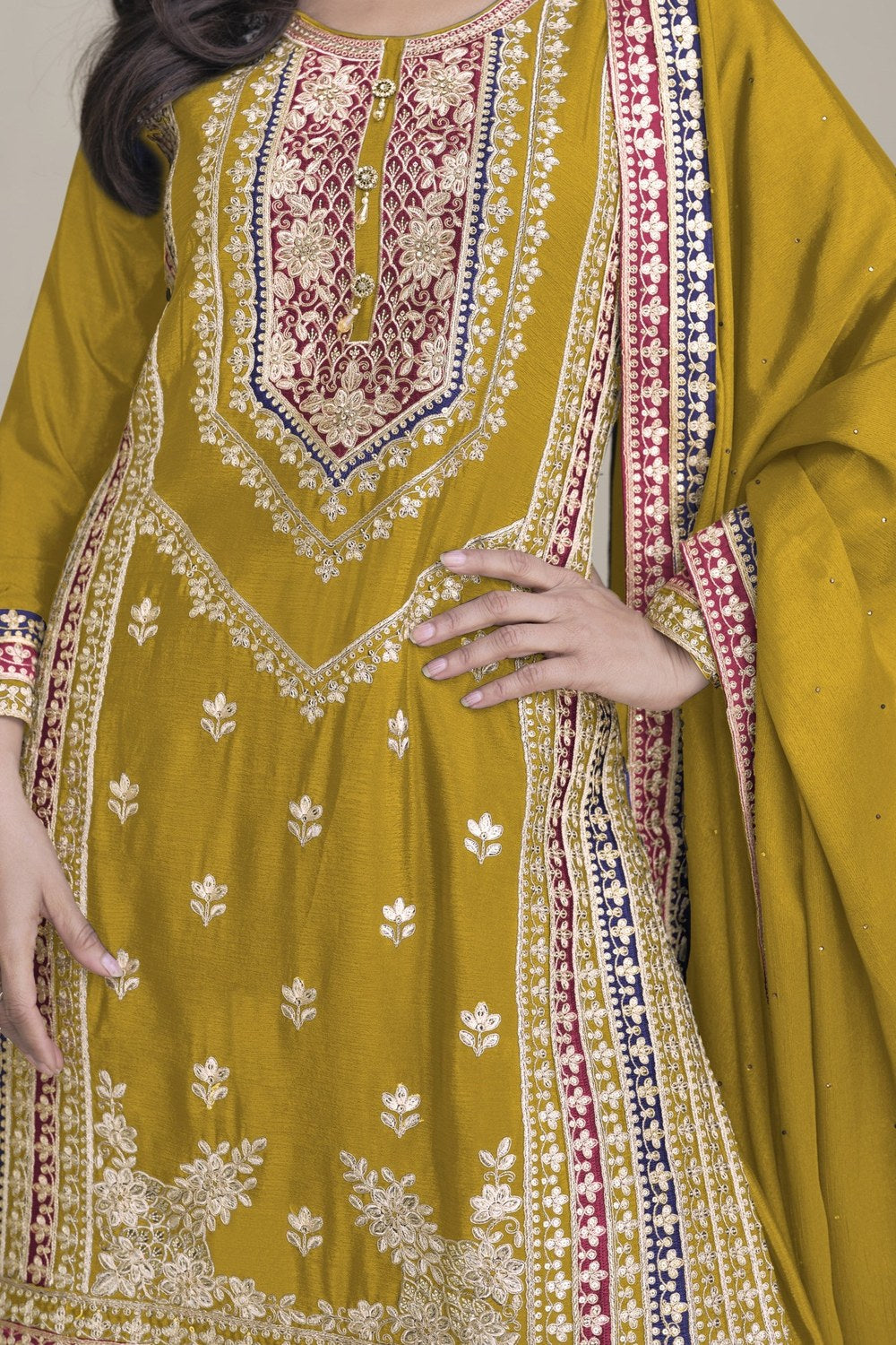 Mustard Chinon Silk Palazzo Suit For Indian Weddings & Pakitani Festival - Embroidery Work - hem and footwear detail