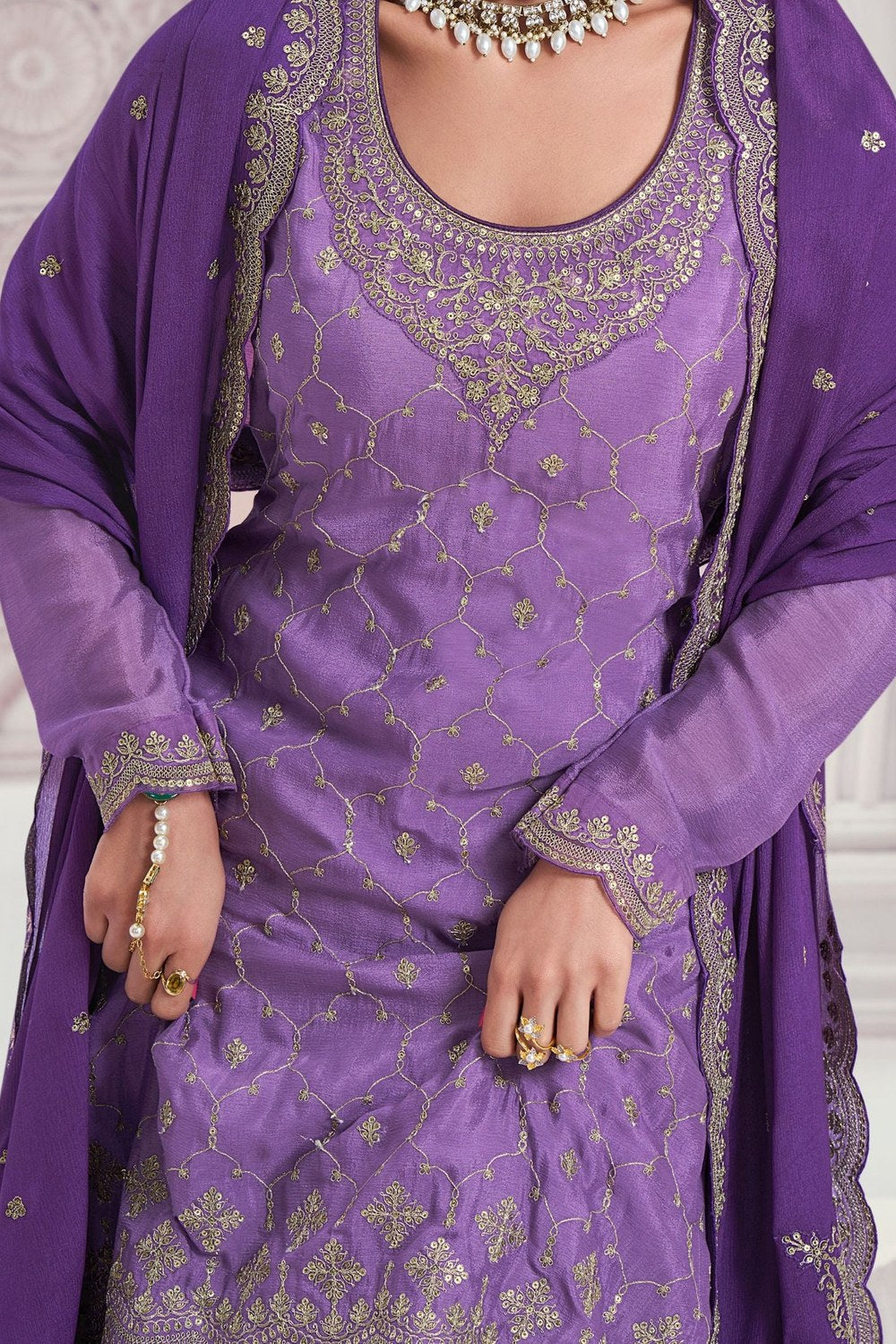Purple Chinon Silk Indian Wedding Clothes For Guests Plazo Suit - Thread & Sequence Embroidery Work - hem and footwear detail