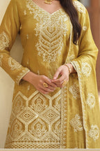 Yellow Golden Premium Tora Silk Palazzo Haldi Suit For Indian & Pakistani Wedding Festival - Patti Work - hem and footwear detail