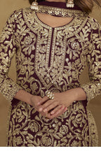 Embroidered Suit for Womens | Maroon Georgette Sequin Plazo Set - hem and footwear detail