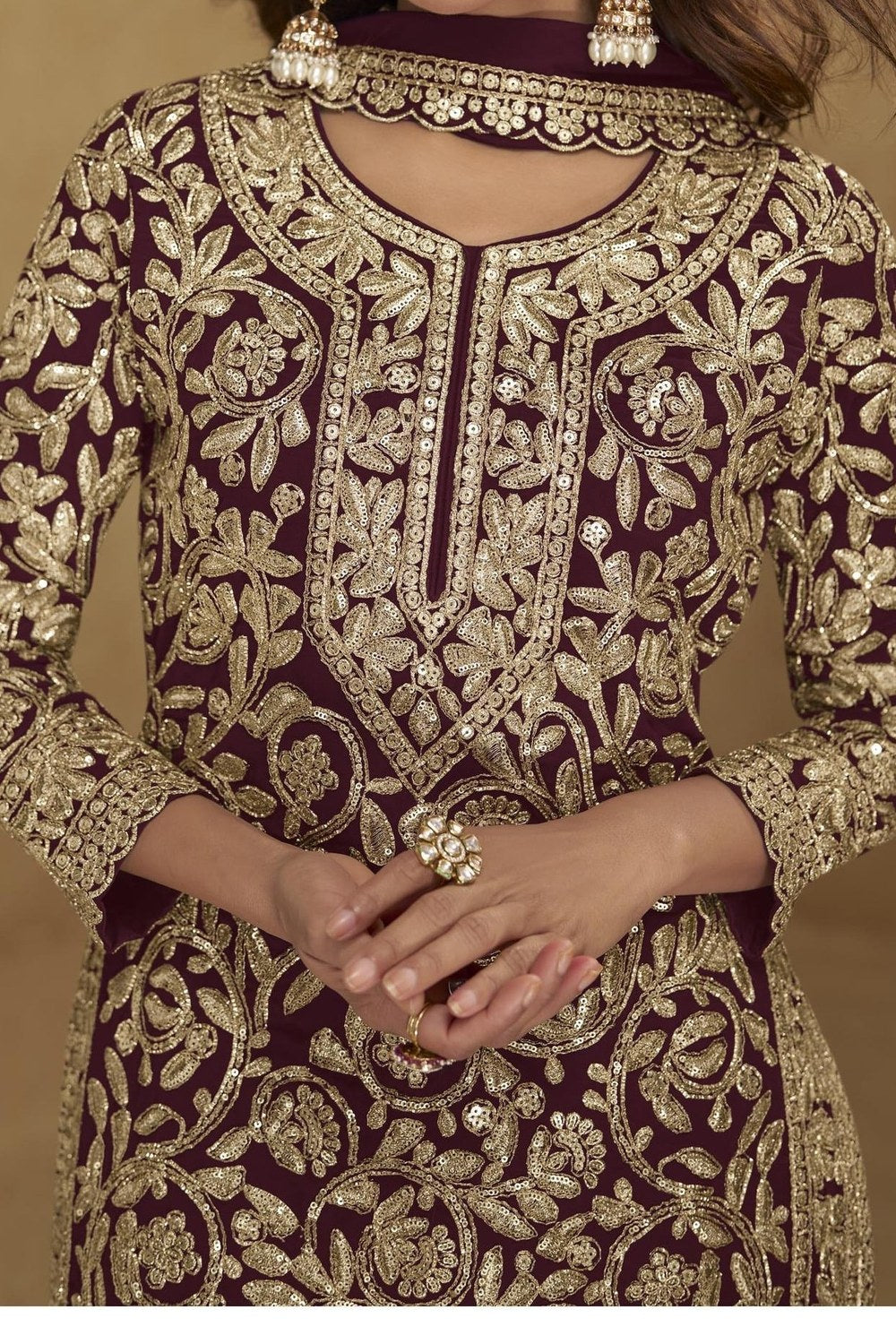 Embroidered Suit for Womens | Maroon Georgette Sequin Plazo Set - hem and footwear detail