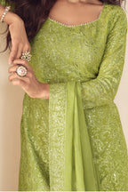 Lime Green Georgette Latest Plazo Design for Wedding with Embroidery - hem and footwear detail