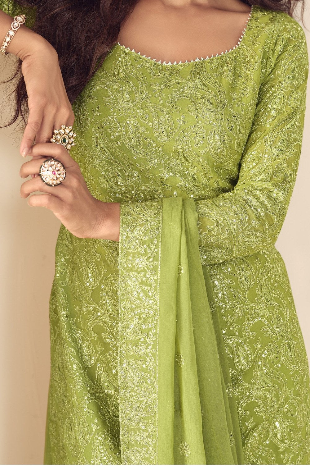 Lime Green Georgette Latest Plazo Design for Wedding with Embroidery - hem and footwear detail