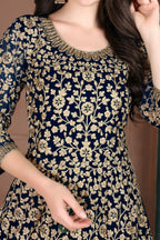 Black Georgette Anarkali Dresses for an Indian Wedding Guest with Thread Work - hem and footwear detail