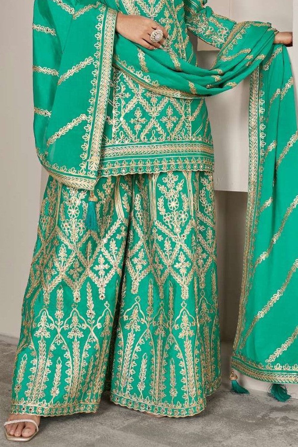 Green Chinon Silk Plazo Suit For Indian Weddings & Pakitani Festival - Embroidery Work, Mirror Work - hem and footwear detail
