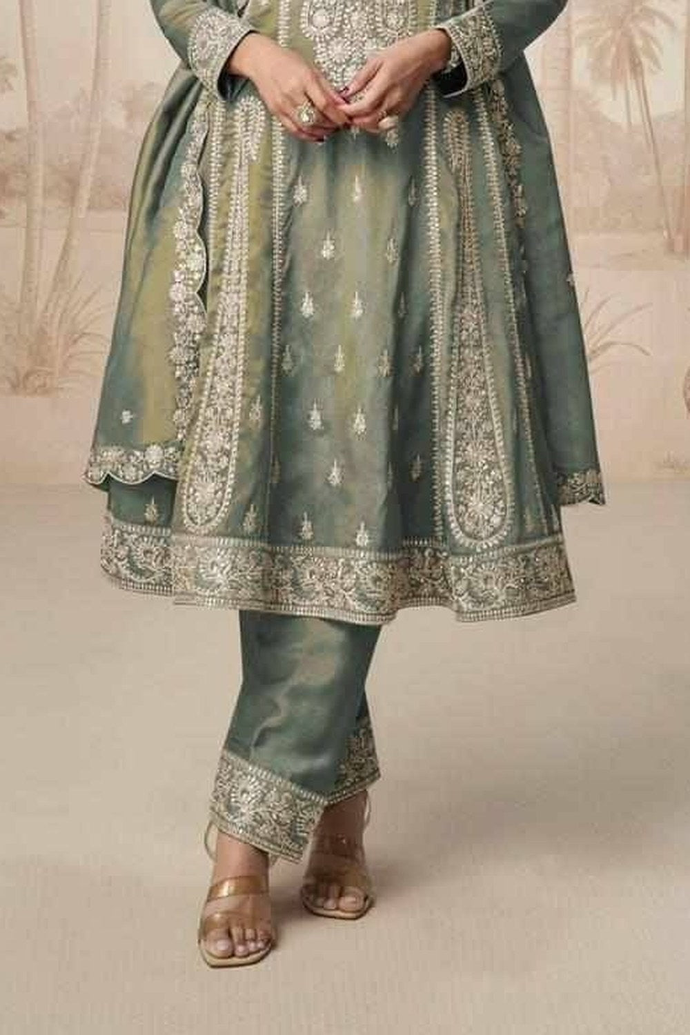 Olive Green Simmer Silk Kameez With Pant For Indian & Pakistani Wedding Festival - Embroidery Work - hem and footwear detail