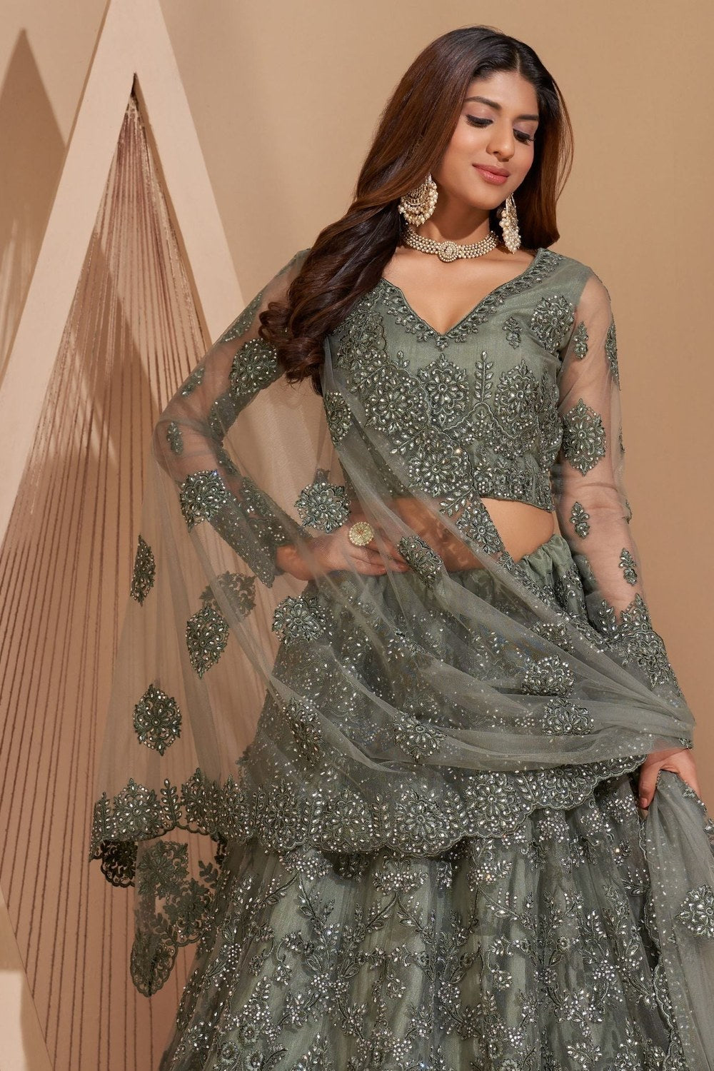 Olive  Net Lehenga Choli For Indian Festivals & Weddings - Thread Embroidery Work, Codding Work - close-up view