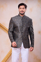 Grayish Black Traditional Hindu Men's Clothing - Jodhpuri & Pant Set - close-up view