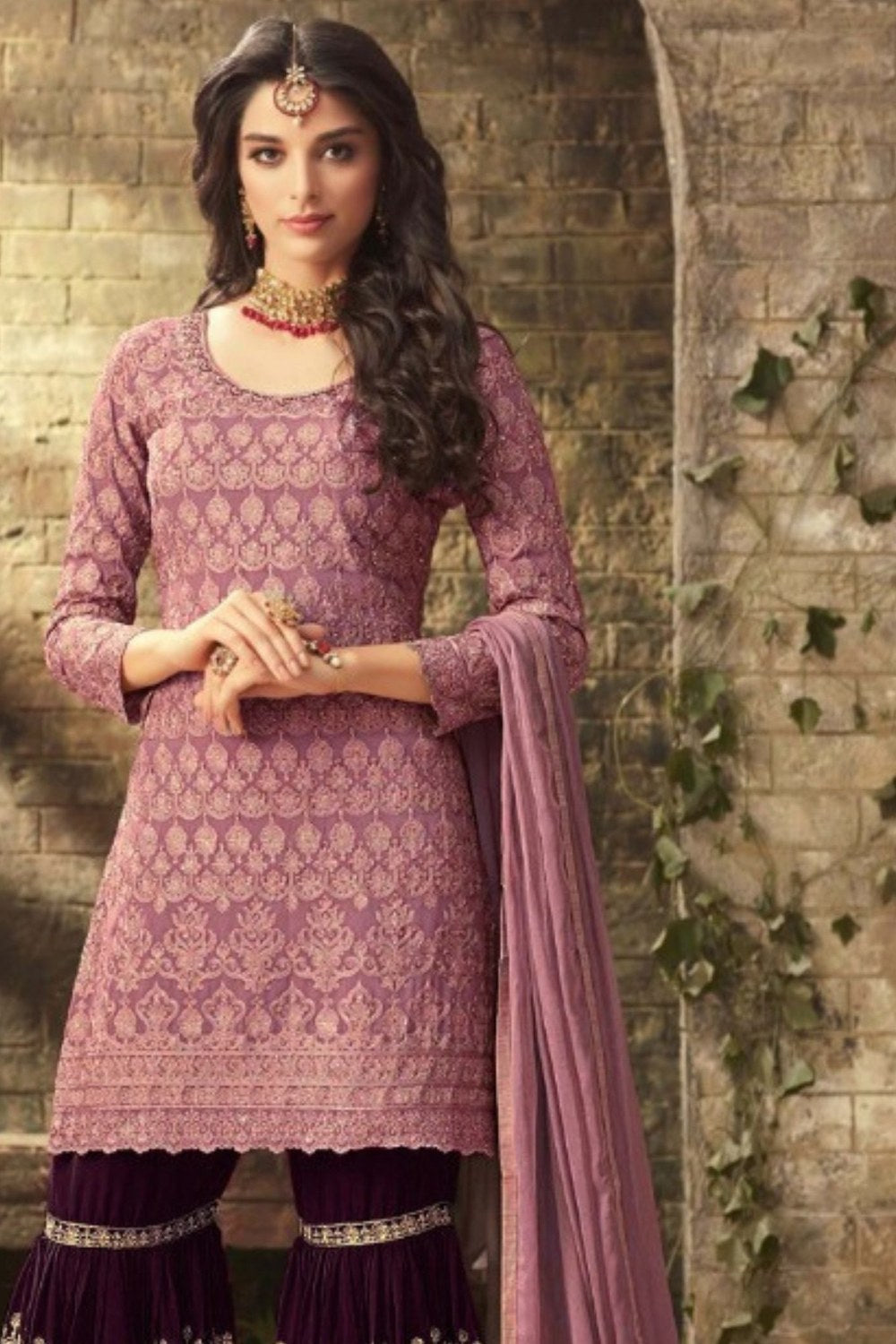 Light Pink Georgette Sharara Gharara Suit Pakistani for Wedding Perfect for Reception - Thread Embroidery Work - close-up view