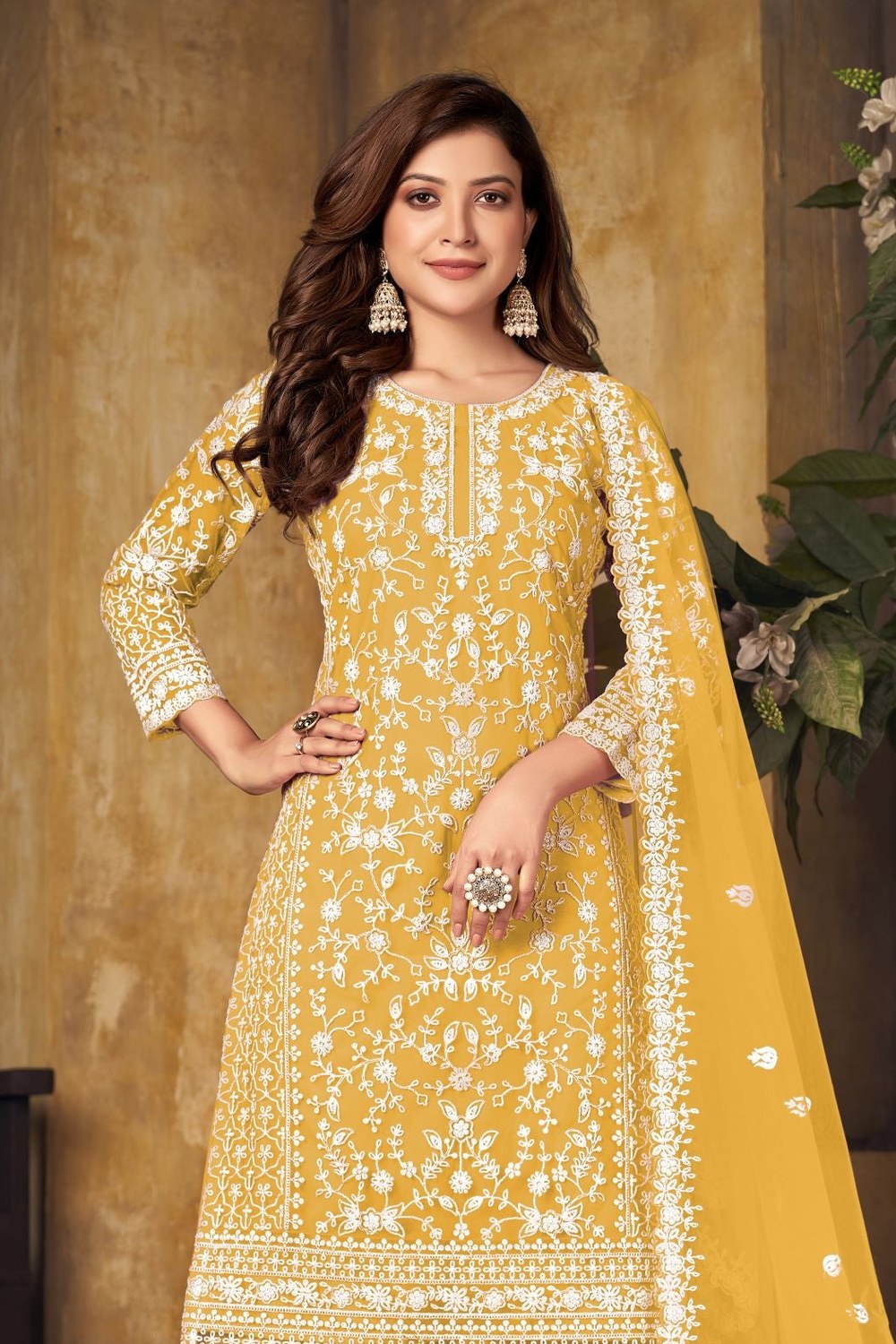 Yellow Net Thread Work Plazo Sangeet Outfits for Women - close-up view