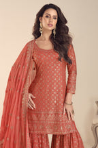 Latest Plazo Design for Wedding in Orange & Georgette with Embroidery Work - close-up view