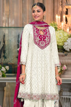 White Chinon Silk Kameez With Dhoti Suit For Indian & Pakistani Wedding Festival - Thread & Sequence Embroidery - close-up view