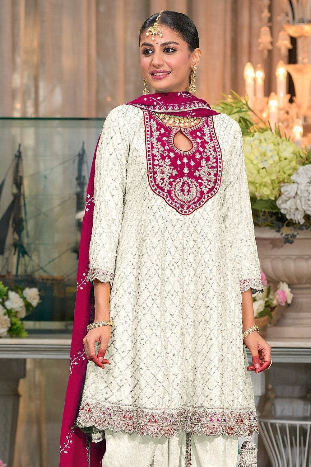 White Chinon Silk Kameez With Dhoti Suit For Indian & Pakistani Wedding Festival - Thread & Sequence Embroidery - close-up view