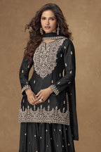 Black Embroidered Palazo Pakistani Suits in Chinon Silk - close-up view