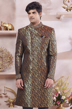 Golden Navy Blue Banarasi Silk Indo Western Traditional Sherwani Long Kurta & Pant Suit for Men for Wedding - Jacquard Work, Embroidery Work - close-up view