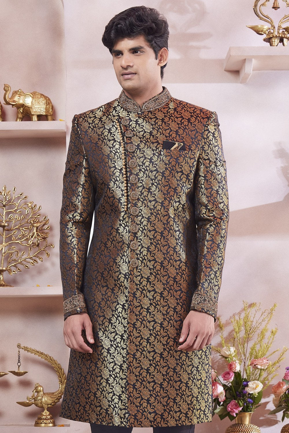 Golden Navy Blue Banarasi Silk Indo Western Traditional Sherwani Long Kurta & Pant Suit for Men for Wedding - Jacquard Work, Embroidery Work - close-up view