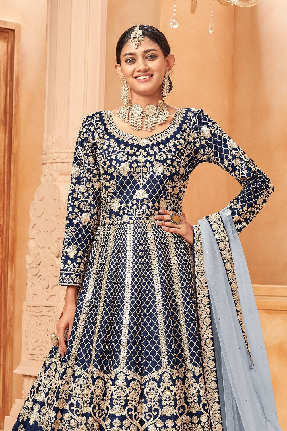 Navy Blue Art Silk Anarkali with Thread Embroidery - Pakistani Dresses Traditional - close-up view