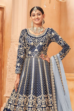 Navy Blue Art Silk Anarkali with Thread Embroidery - Pakistani Dresses Traditional - close-up view