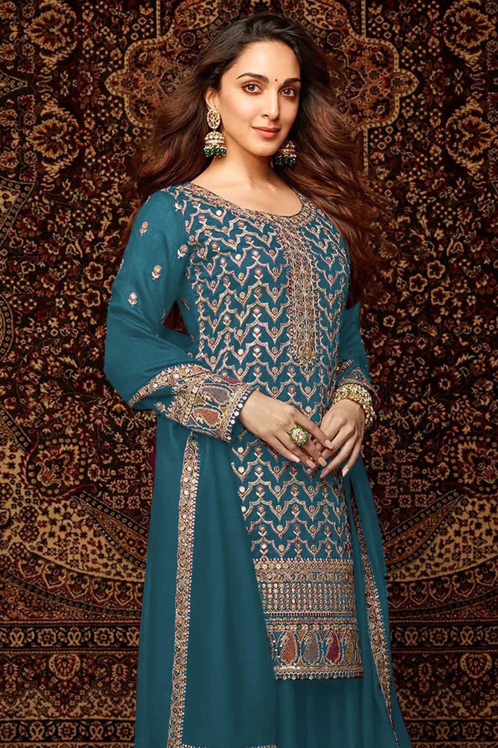 Teal Chinon Silk Kameez With Palazzo Suit For Indian & Pakistani Wedding Festival - Thread & Sequence Embroidery - close-up view