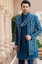 Blue Art Silk Indo Western Suit Long Kurta with Jacket, Pant & Dupatta for Men for Wedding - Thread Embroidery Work - close-up view