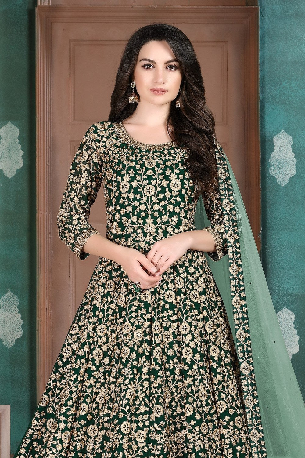 Green Georgette Thread Embroidery Anarkali Dresses for an Indian Wedding Guest - close-up view