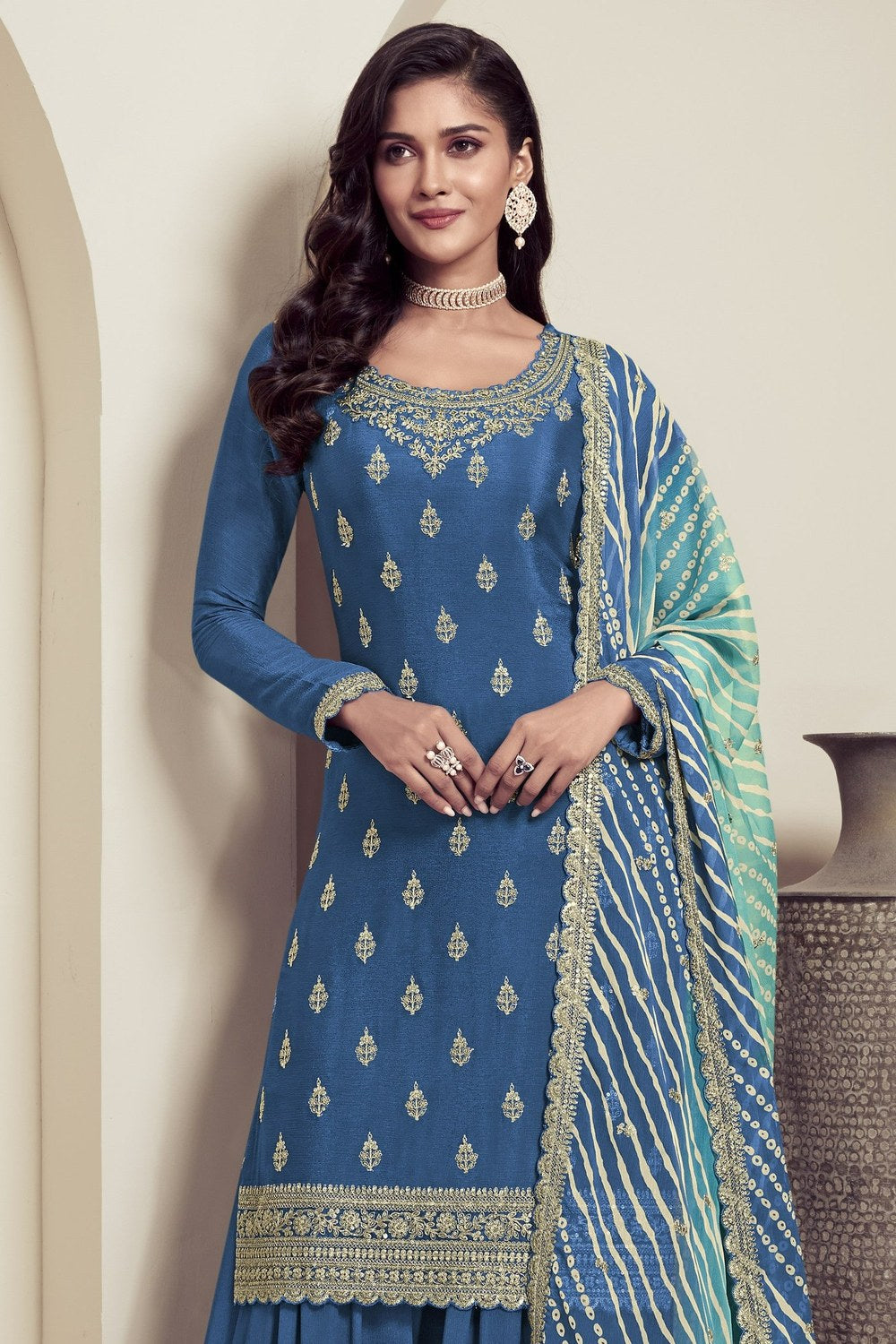 Blue Chinon Silk Palazzo Suit For Indian Wedding & Pakistani Festival - Embroidery Work, Print Work - close-up view